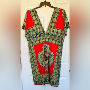 WOMEN’S Boho Deep V Neck Handkerchief Midi Dress Size XL